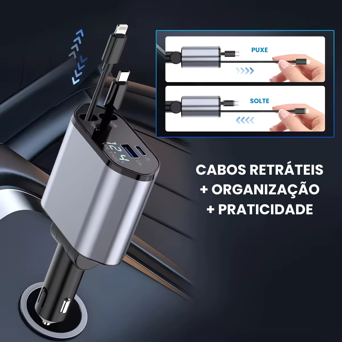 Carregador Max 4 em 1 para carro - 5x mais rápido - Iphone e Android